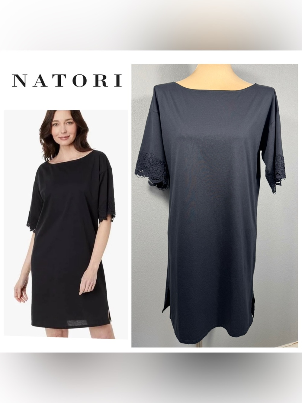 Natori Bliss Harmony Nightshirt Nightgown Lace Trimmed Cuff